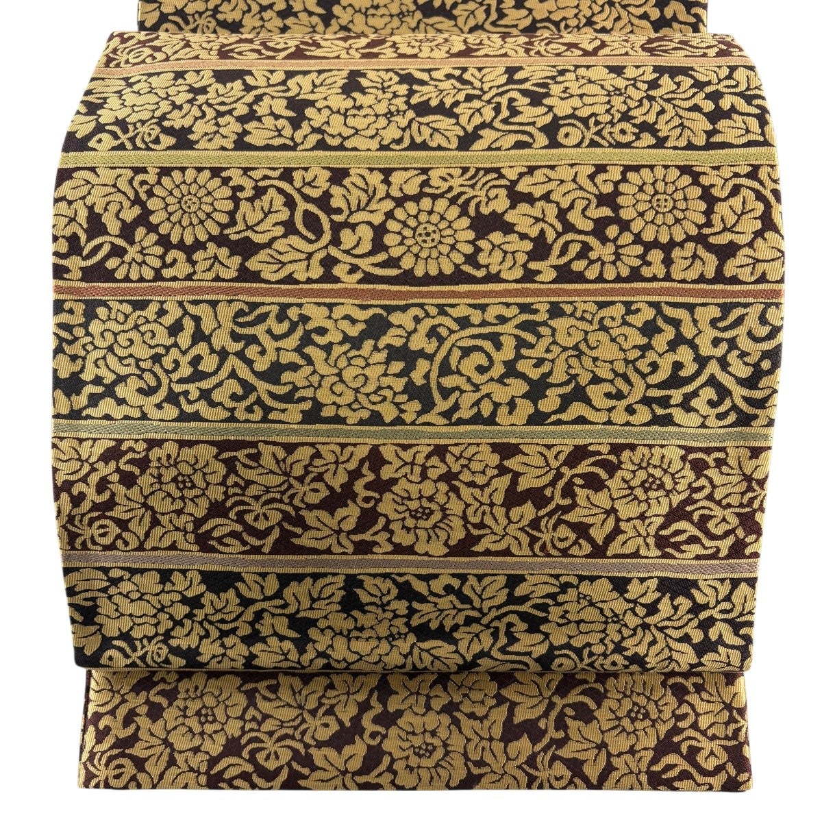 袋帯　正絹　ベージュ系　超美品 美品】 袋帯 名品 縞 草花 ベージュ 全通 正絹｜中古・古着
