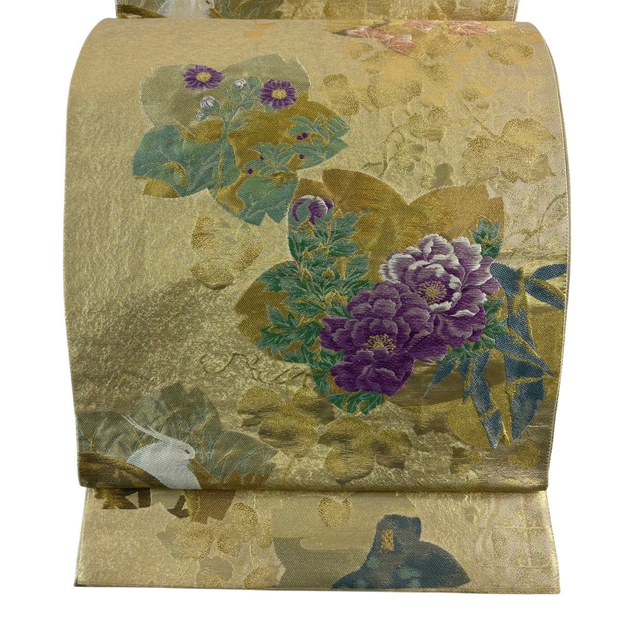 袋帯 名品 じゅらく 落款あり 帝王紫 牡丹 白鷺 金糸 刺繍 金色 お太鼓