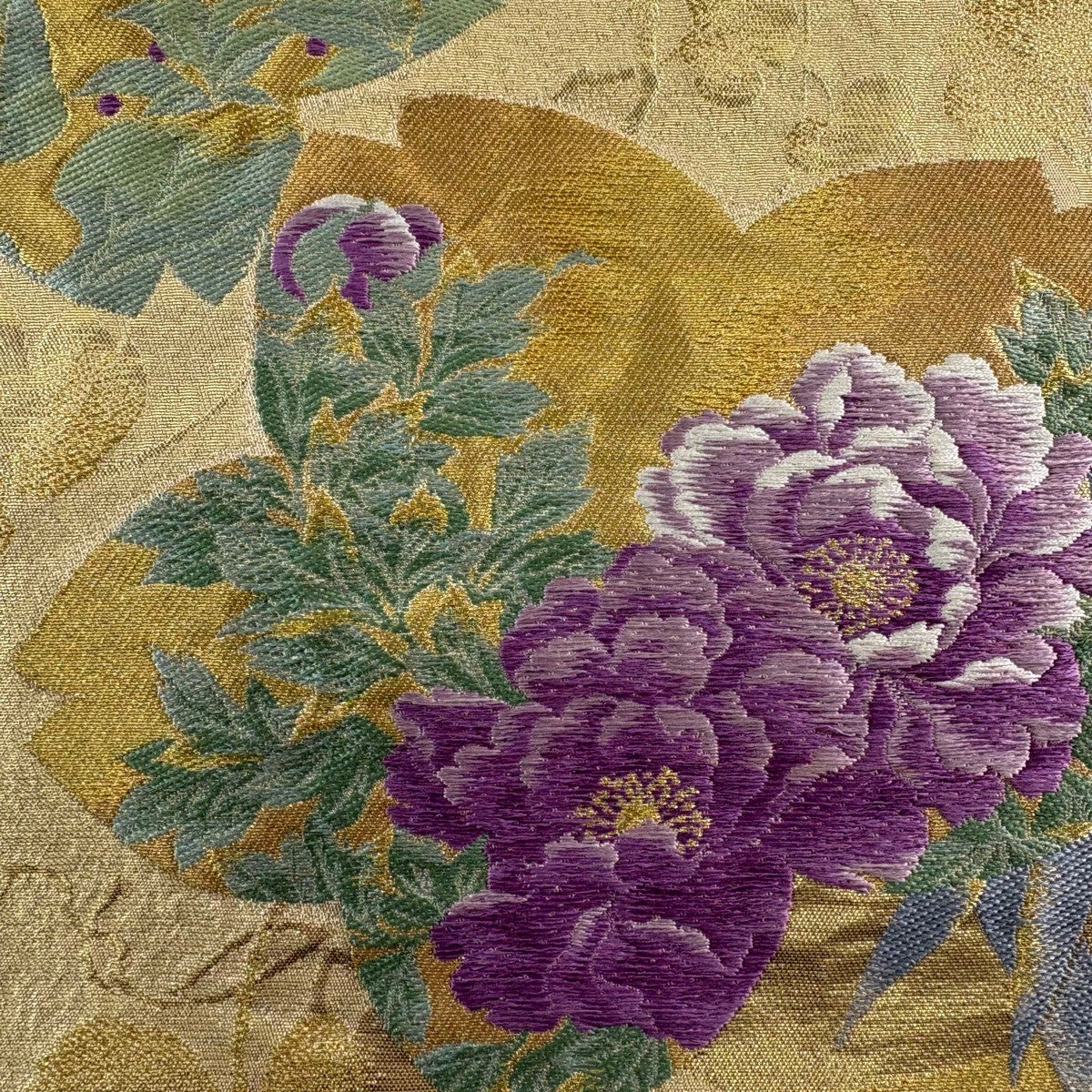 袋帯 名品 じゅらく 落款あり 帝王紫 牡丹 白鷺 金糸 刺繍 金色 お太鼓