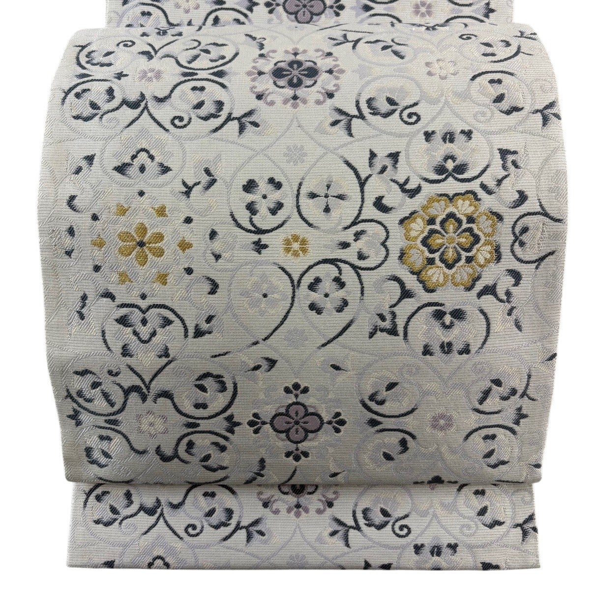 美品】 名古屋帯 名品 草花 唐織 箔 灰白 正絹｜中古・古着