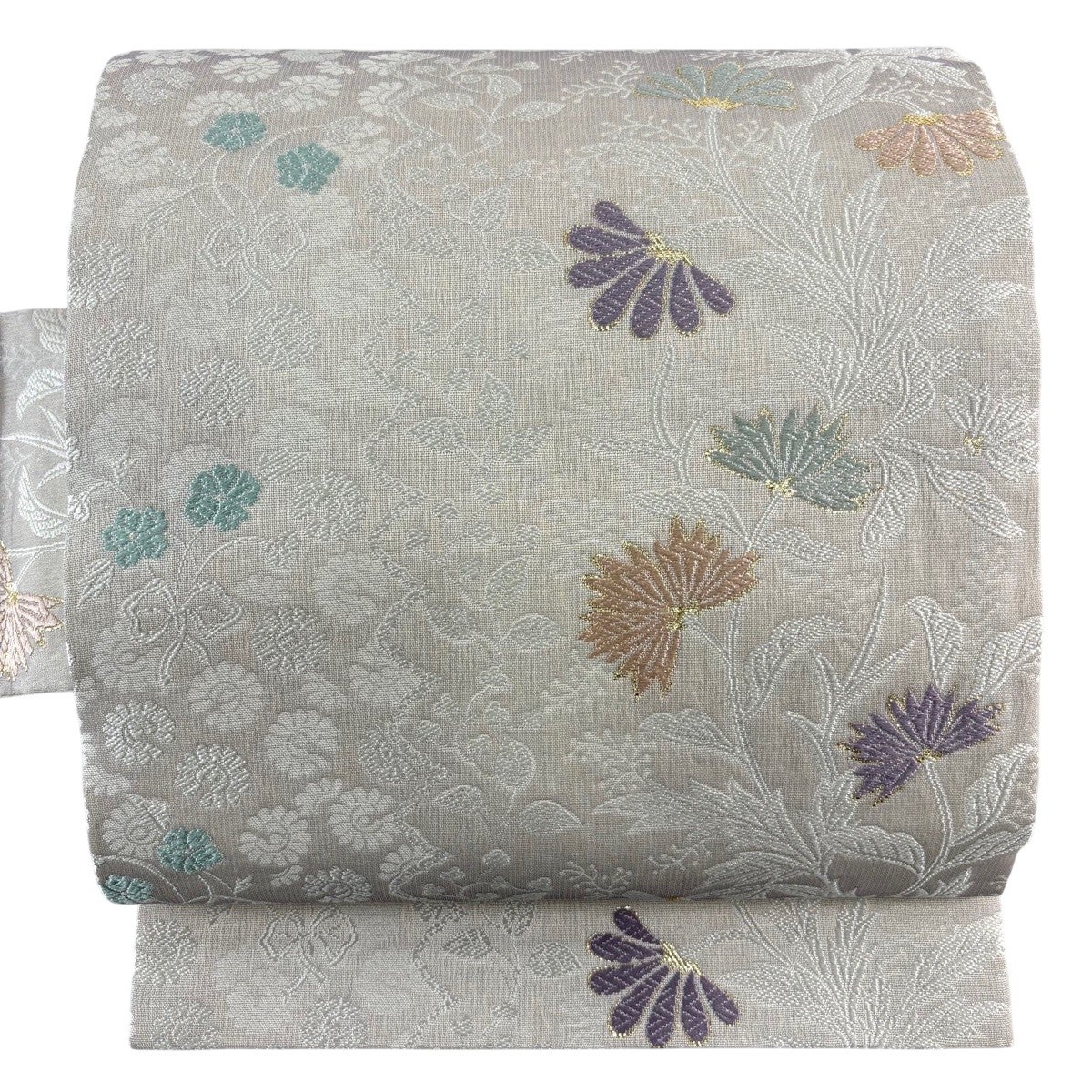 美品】 名古屋帯 名品 草花 唐織 箔 灰白 正絹｜中古・古着