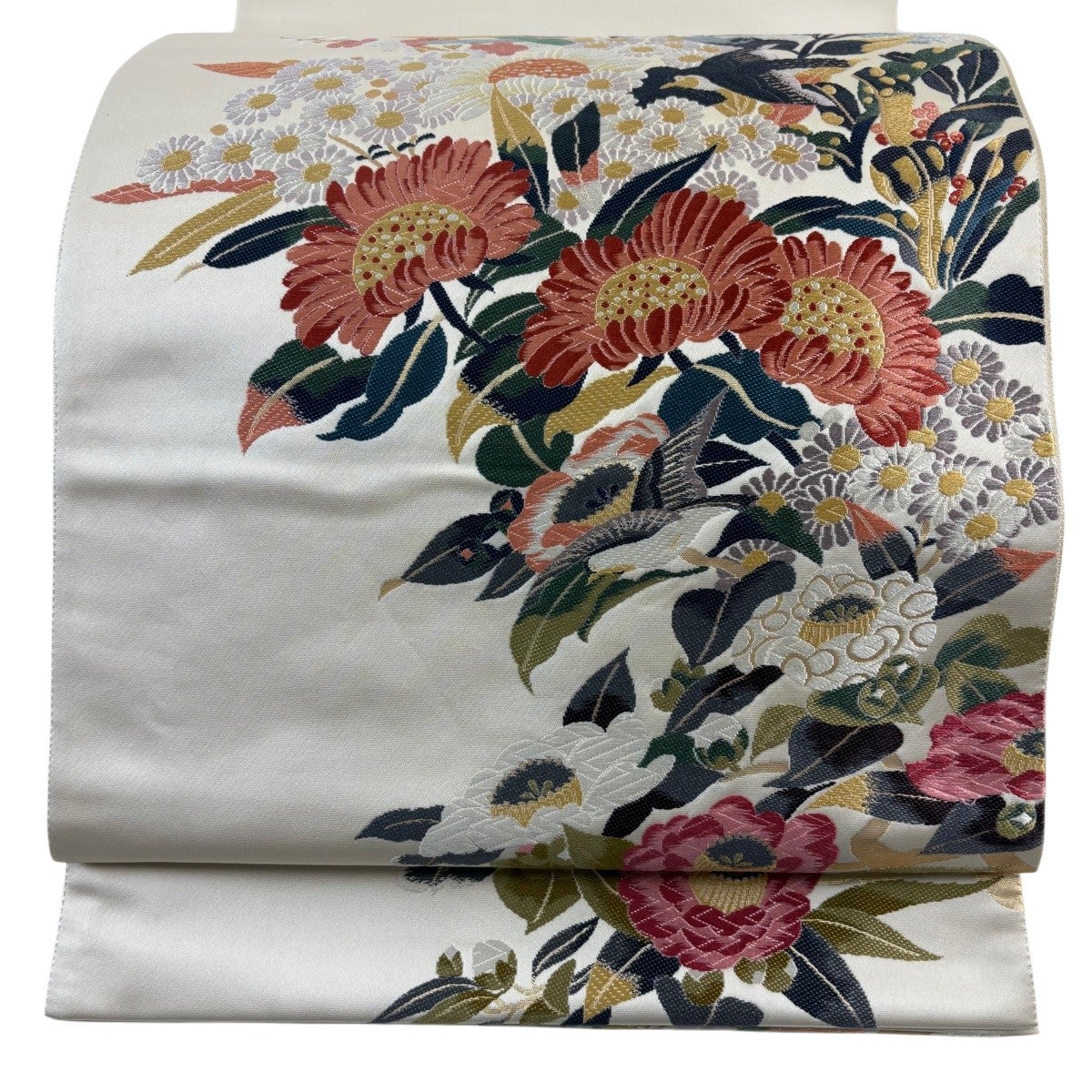 袋帯 秀品 草花 鳥 唐織 箔 クリーム お太鼓柄 正絹｜中古・古着