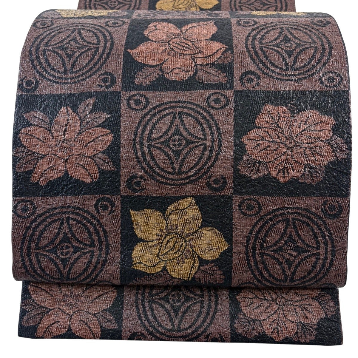 【極美品！】正絹六通　袋帯　モダンな市松文様 美品】 袋帯 秀品 市松 花 本泥染 焦茶色 六通 正絹｜中古・古着