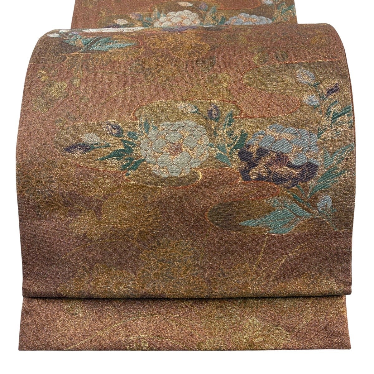 袋帯 秀品 関西仕立て 華文 向かい鳥 金糸 箔 薄茶色 六通 正絹｜中古