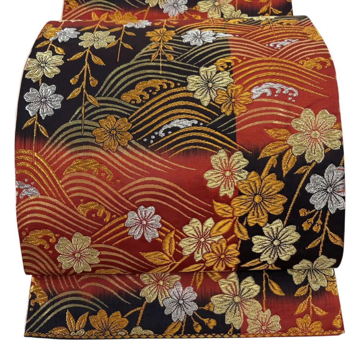 美品】 袋帯 秀品 枝垂れ桜 波 金銀糸 箔 赤 六通 正絹｜中古・古着