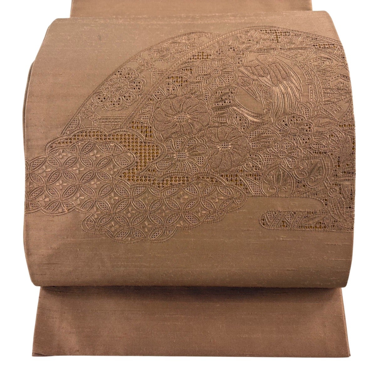 名古屋帯 秀品 紬地 草花 相良刺繍 ぼかし 茶色 正絹｜中古・古着