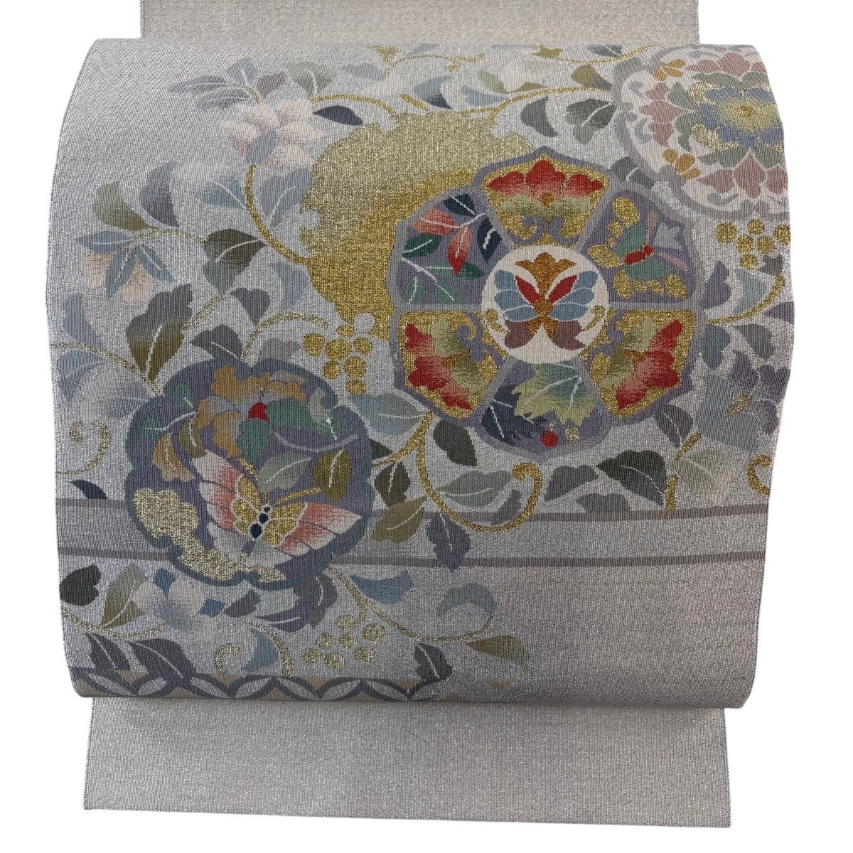 名古屋帯 優品 蝶 草花 金銀糸 銀色 正絹｜中古・古着・リサイクル着物