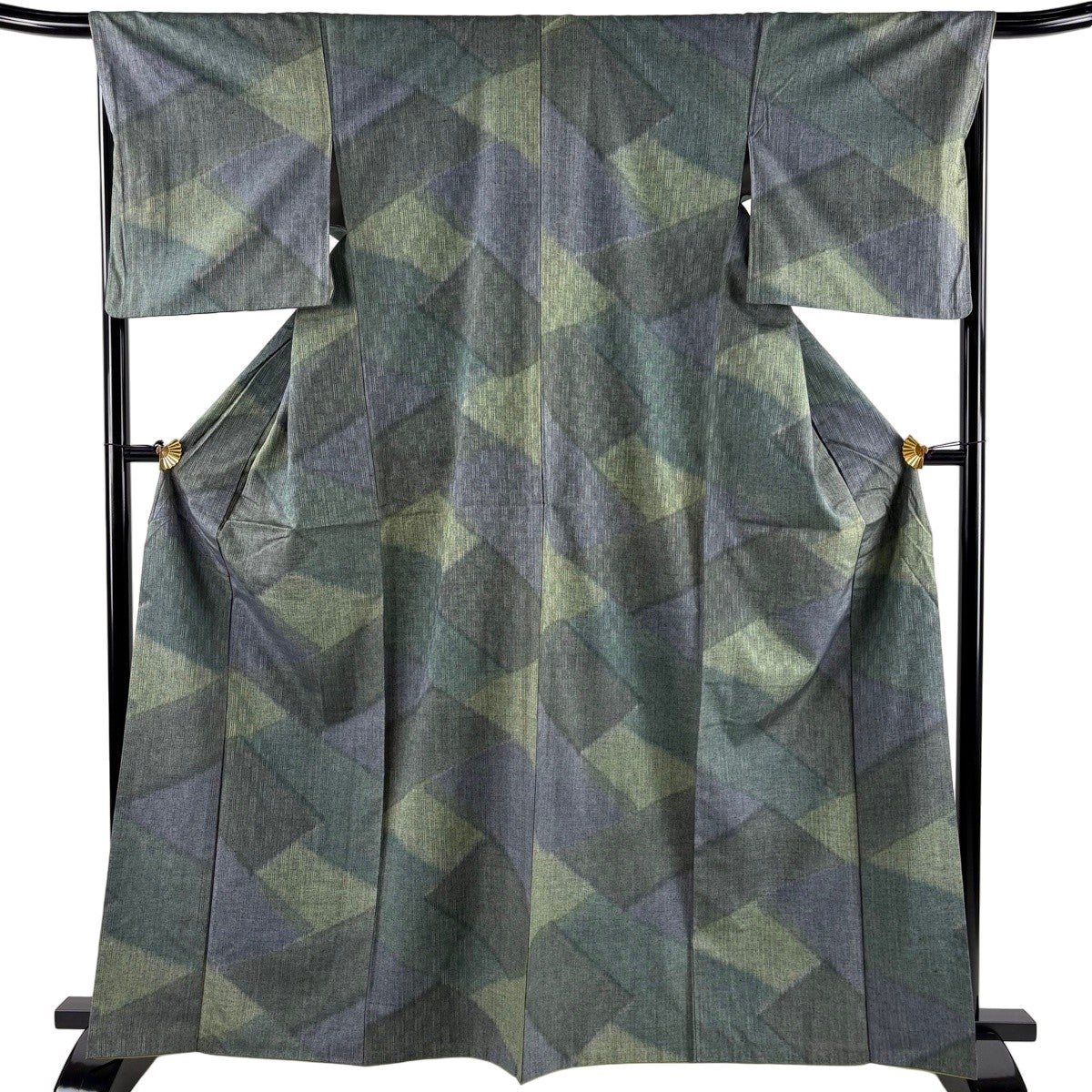 美品】 紬 身丈164.5cm 裄丈66.5cm M 袷 幾何学模様 緑 正絹 秀品