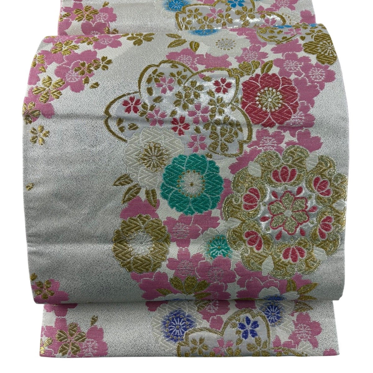 袋帯 秀品 振袖向き 鈴乃屋 桜 華文 金銀糸 箔 白 六通 正絹｜中古