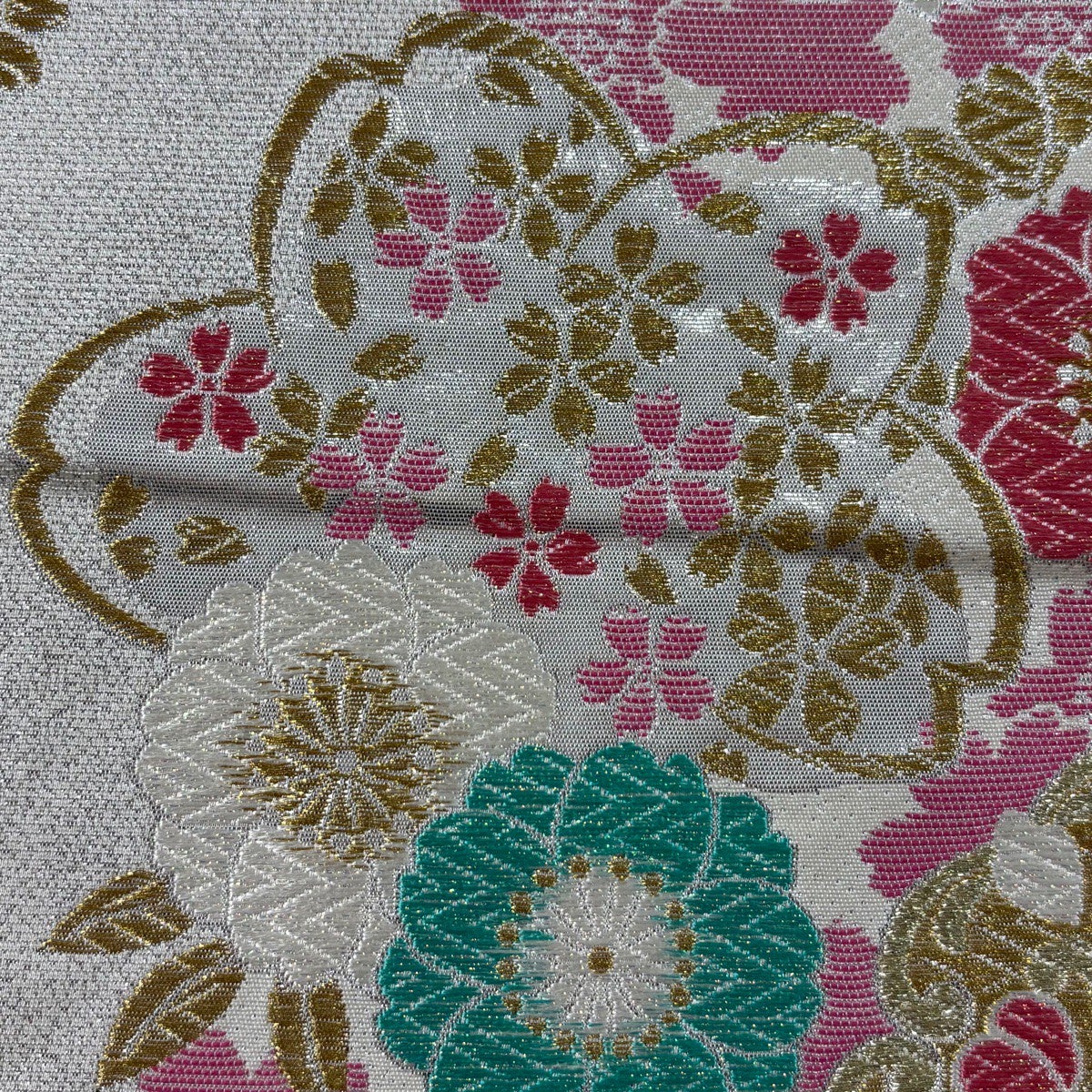 A◆着物くつろぎ 美品 鈴乃屋 色紙に花 金銀糸 六通 正絹 フォーマルな袋帯 袋帯 秀品 振袖向き 鈴乃屋 桜 華文 金銀糸 箔 白 六通 正絹｜中古