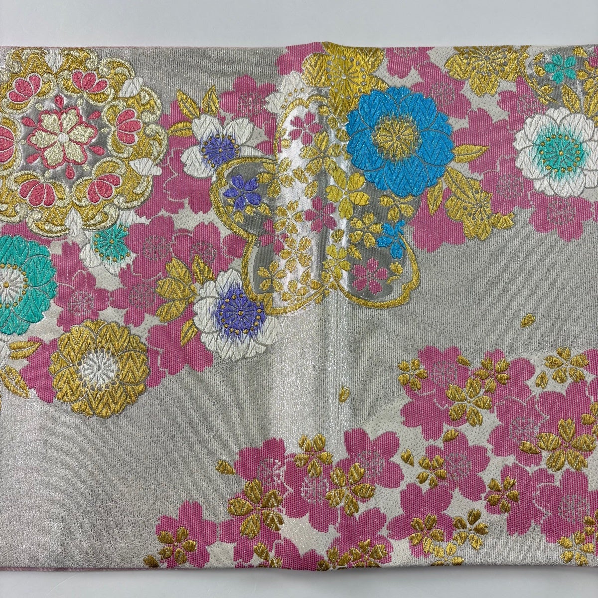 袋帯 秀品 振袖向き 鈴乃屋 桜 華文 金銀糸 箔 白 六通 正絹|中古 袋帯 秀品 振袖向き 鈴乃屋 桜 華文 金銀糸 箔 白 六通 正絹|中古
