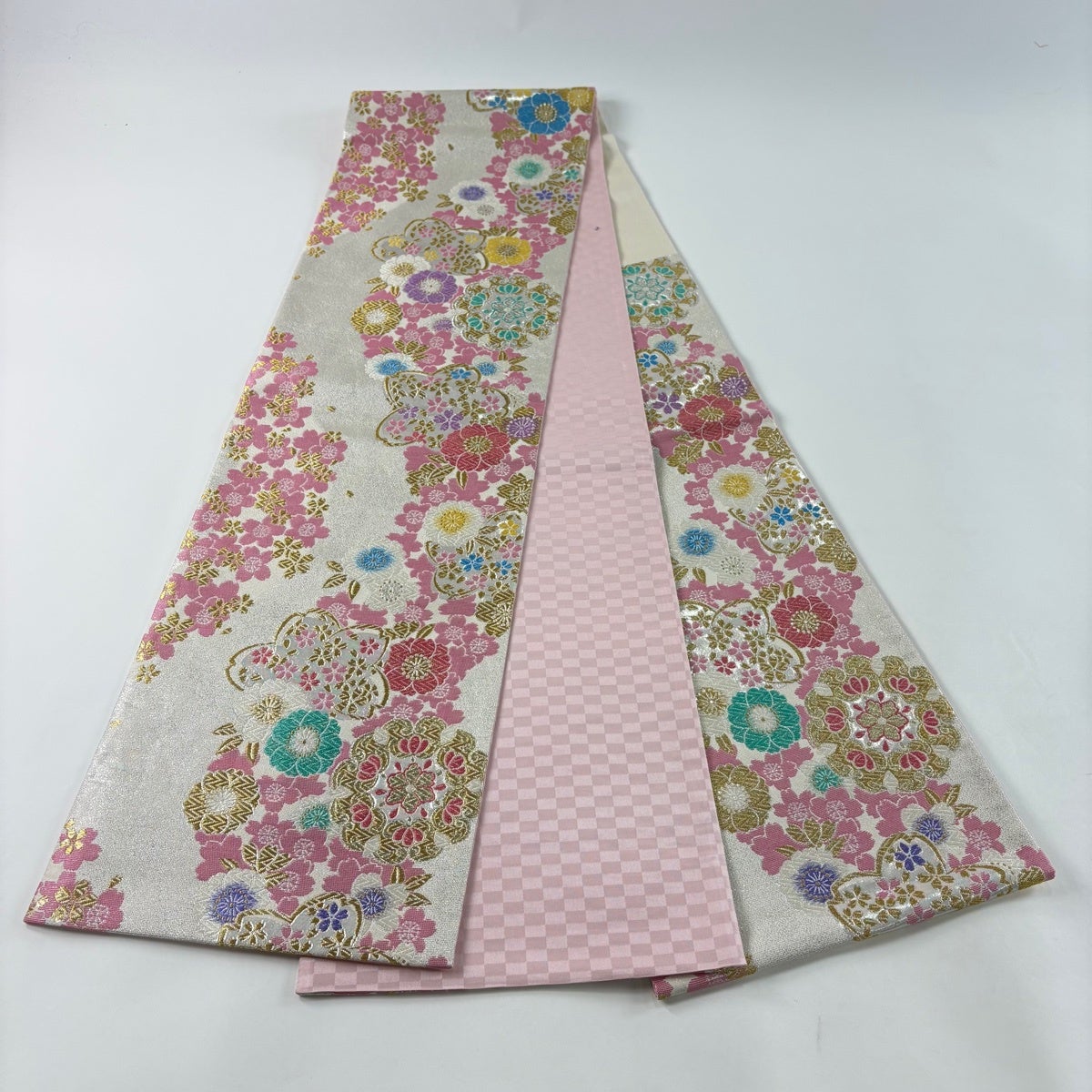 袋帯 秀品 振袖向き 鈴乃屋 桜 華文 金銀糸 箔 白 六通 正絹｜中古