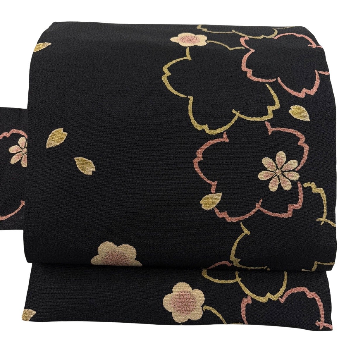 M*い様 猫と毬と桜の花びらの刺繍＊草木染の袋帯 名古屋帯 秀品 桜 桜の花びら 金彩 黒 正絹｜中古・古着・リサイクル