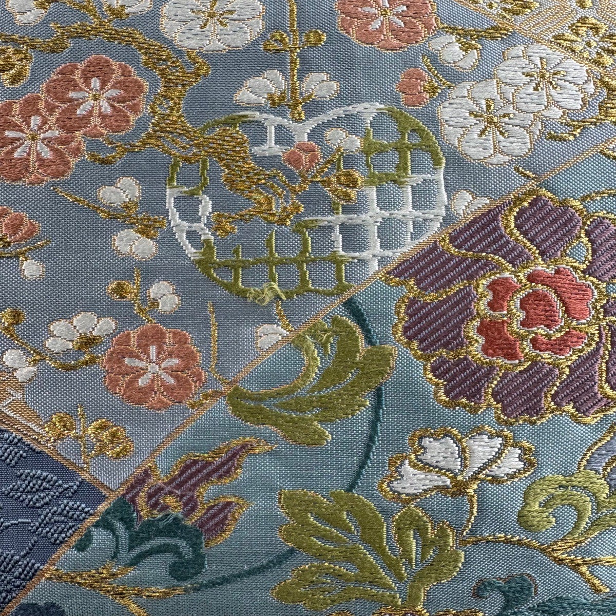 美品】 袋帯 秀品 貴苑名錦文 関西仕立て 草花 花丸文 金糸 箔 青灰色