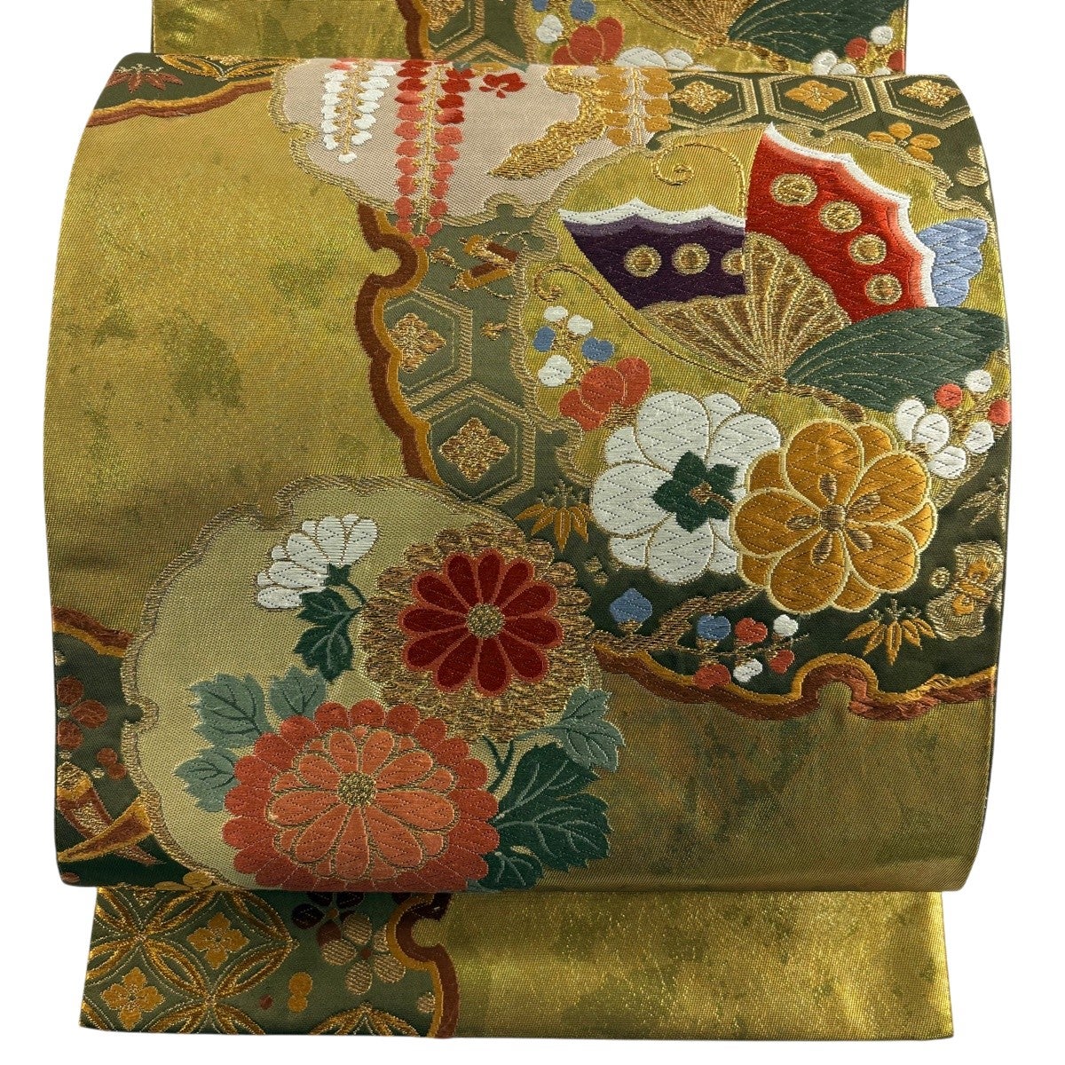 502my88◇唐織 花車霞丸紋 梅 菊 藤 鹿の子 金糸 袋帯◇美品 美品】 袋帯 秀品 落款あり 振袖向き 雪輪 草花 唐織 金糸 金色 六通