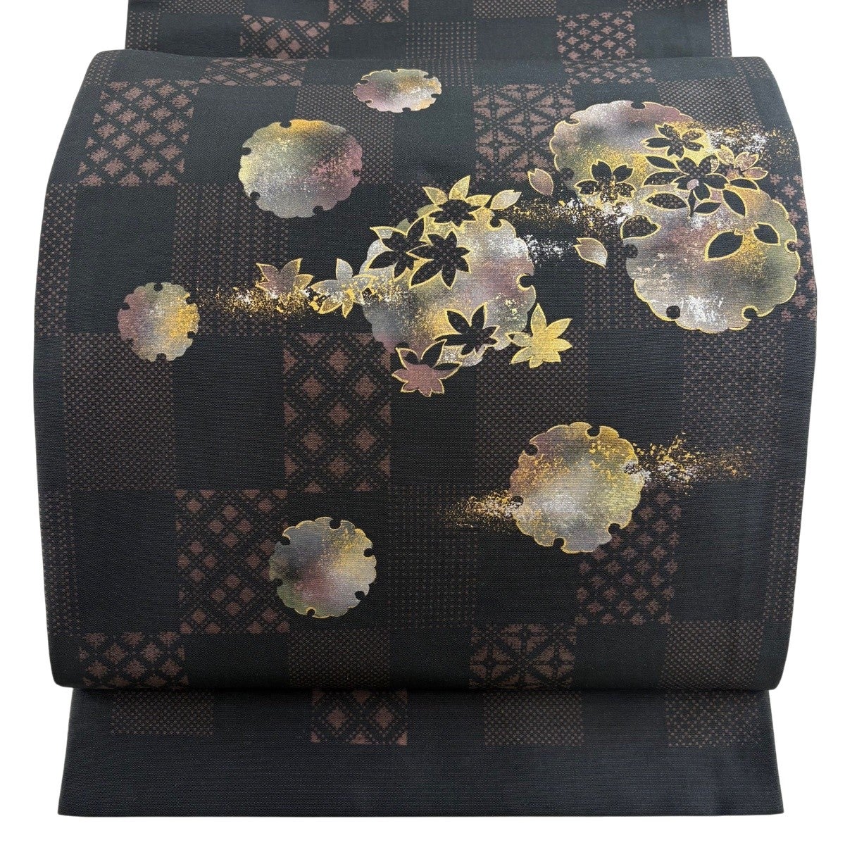 美品】 袋帯 秀品 雪輪 変わり市松 金銀彩 黒 お太鼓柄 正絹｜中古