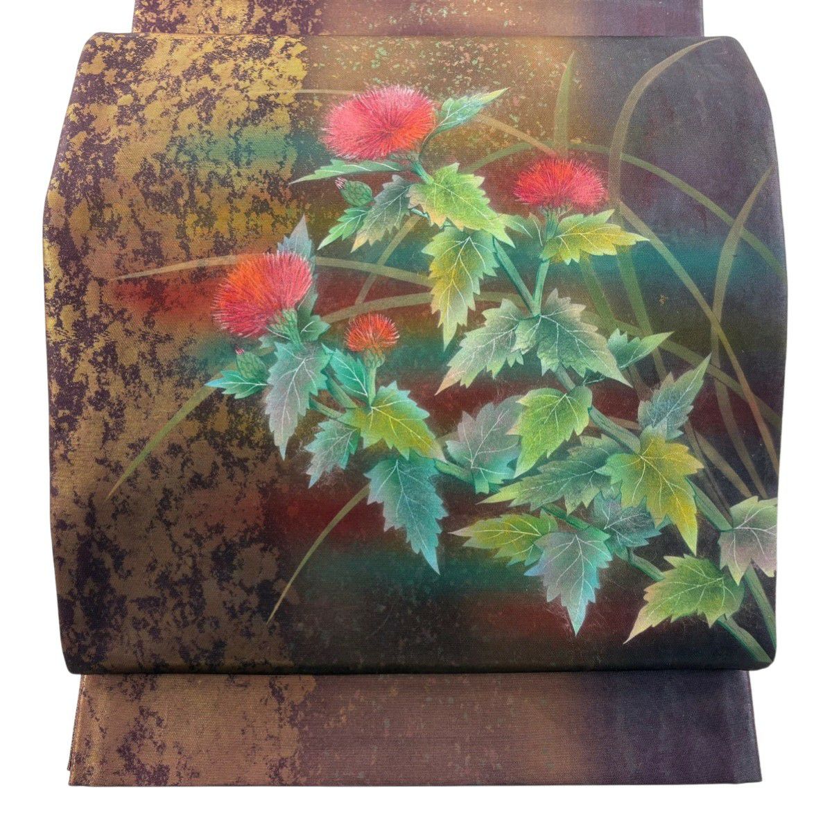 70%OFF 【美品】 袋帯 秀品 落款あり 草花 箔 赤紫 お太鼓柄 正絹 K70