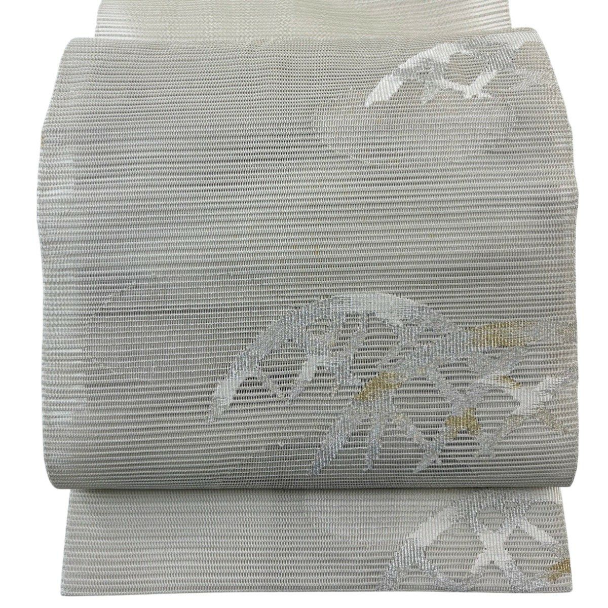 美品】 名古屋帯 秀品 夏帯 絽 松葉仕立て 草花 扇面 金銀糸 クリーム