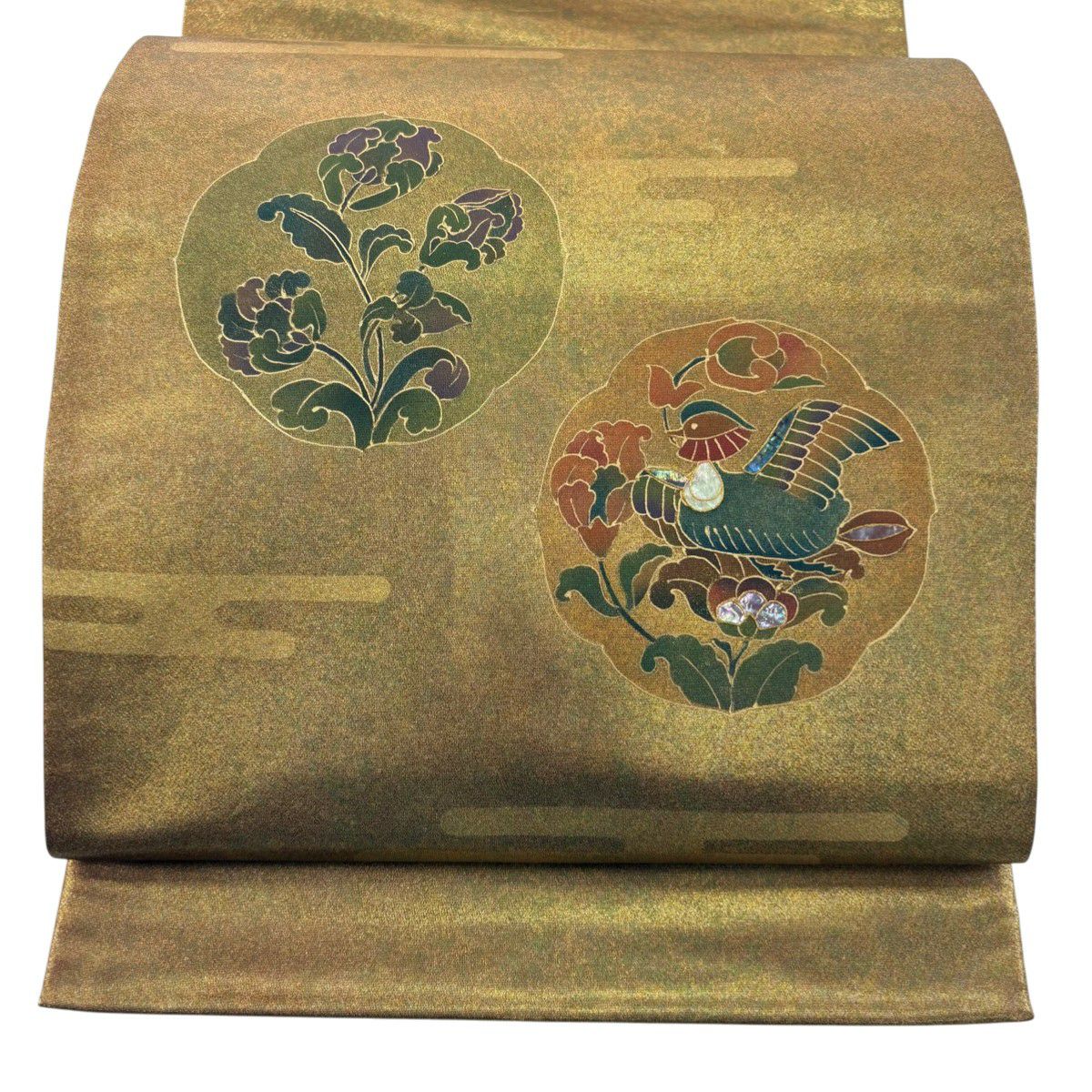 袋帯 秀品 落款あり 鳥 草花 金彩 箔 紫 お太鼓柄 正絹｜中古・古着