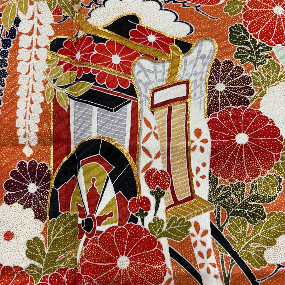 振袖 身丈169.5cm 裄丈66cm M 袷 御所車 菊 金糸 金彩 朱色 正絹 秀品