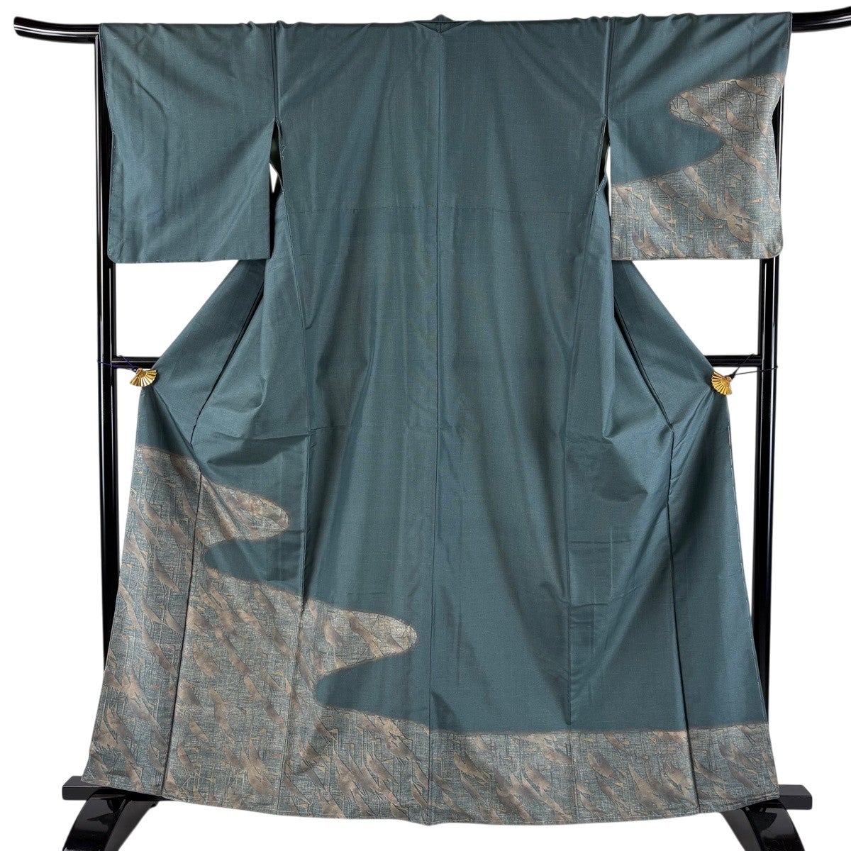 付下げ 身丈162cm 裄丈67cm M 袷 紬地 霞 鳥 緑 正絹 秀品｜中古・古着