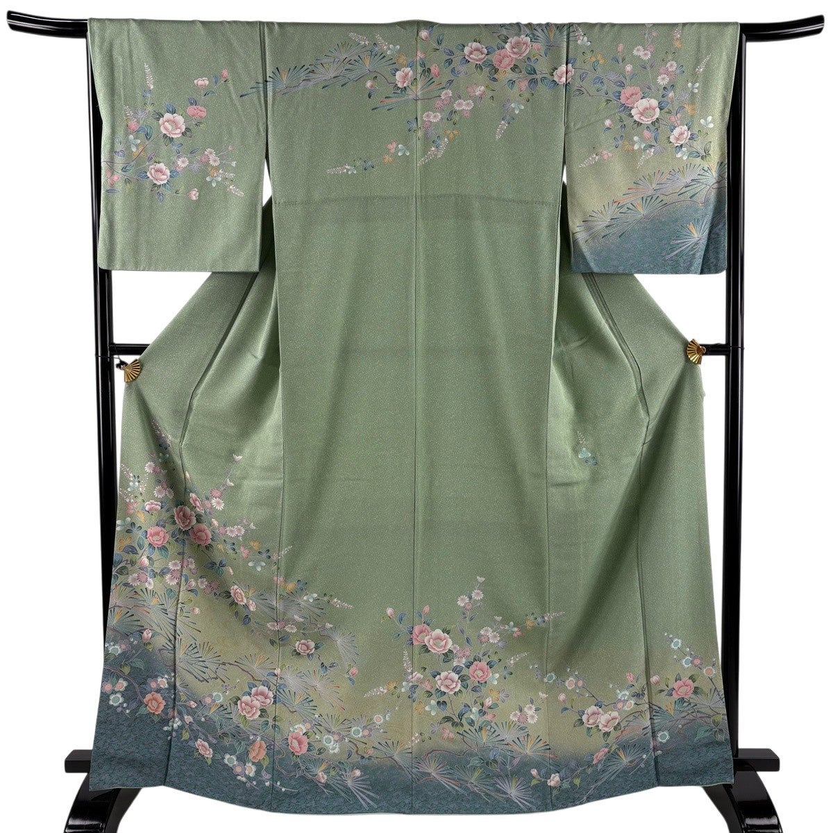 美品】 訪問着 身丈166.5cm 裄丈66cm M 袷 枝花 松 金彩 ぼかし 薄緑