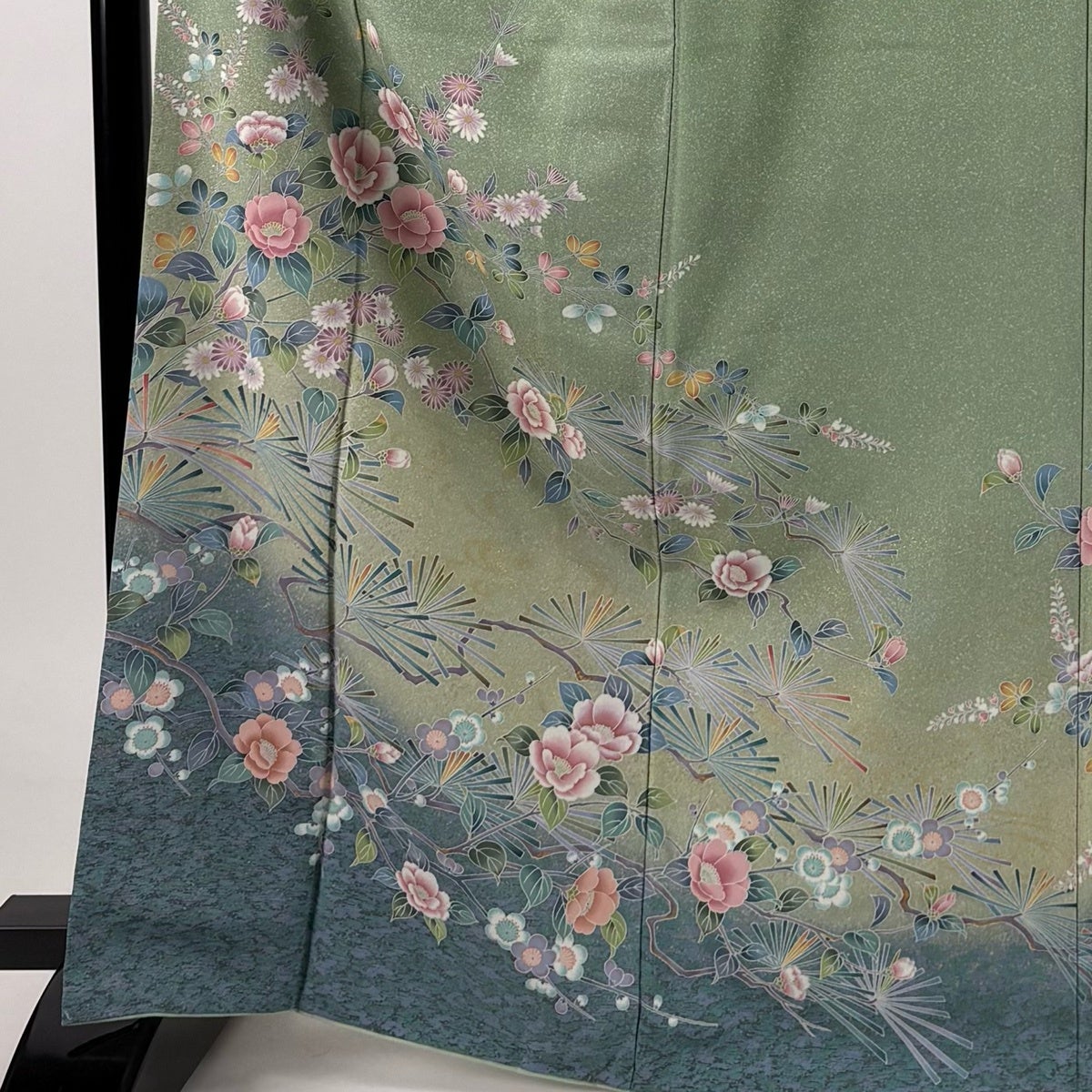 美品】 訪問着 身丈166.5cm 裄丈66cm M 袷 枝花 松 金彩 ぼかし 薄緑