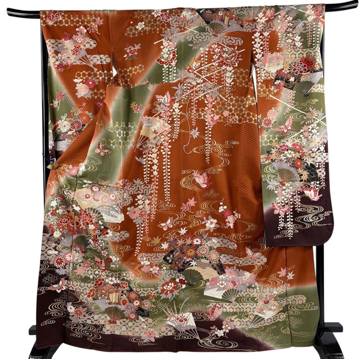 振袖 身丈153.5cm 裄丈64.5cm M 袷 扇 牡丹 金糸 金彩 赤茶 正絹 秀品