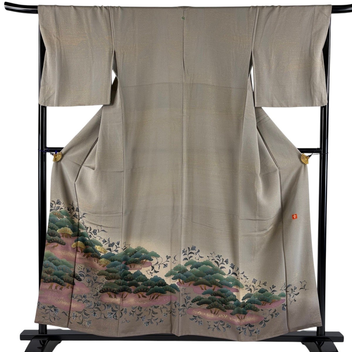 色留袖 身丈155cm 裄丈67cm M 袷 花井幸子 落款あり 笠松 霞 箔 刺繍