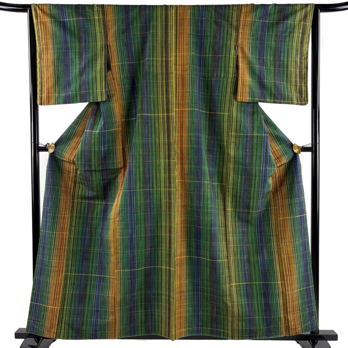 紬 身丈159.5cm 裄丈64cm M 袷 縞 緑 正絹 秀品｜中古・古着