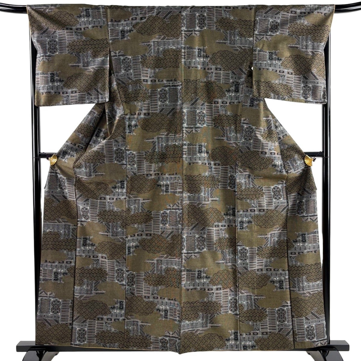 紬 身丈160cm 裄丈67.5cm L 袷 亀甲 幾何学模様 茶緑色 正絹 秀品