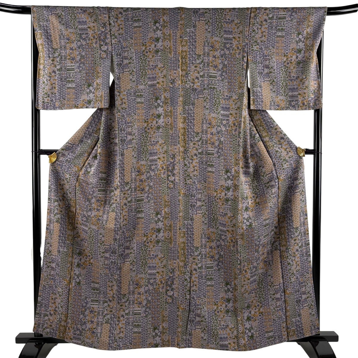 30%OFF 小紋 身丈162cm 裄丈66cm M 袷 紬地 縞 菱 絞り 青灰色 正絹
