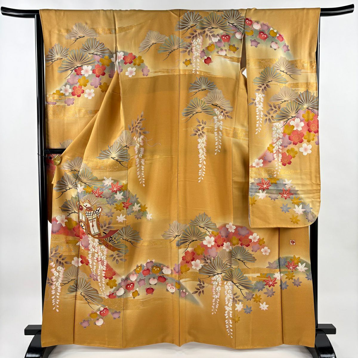 振袖フルセット 身丈166裄70 暈し染め キャメル 刺繍 正絹 成人式 逸品 在庫一掃】 振袖 身丈166cm 裄丈66.5cm M 袷 雪輪 菊 金通し 刺繍 黄土