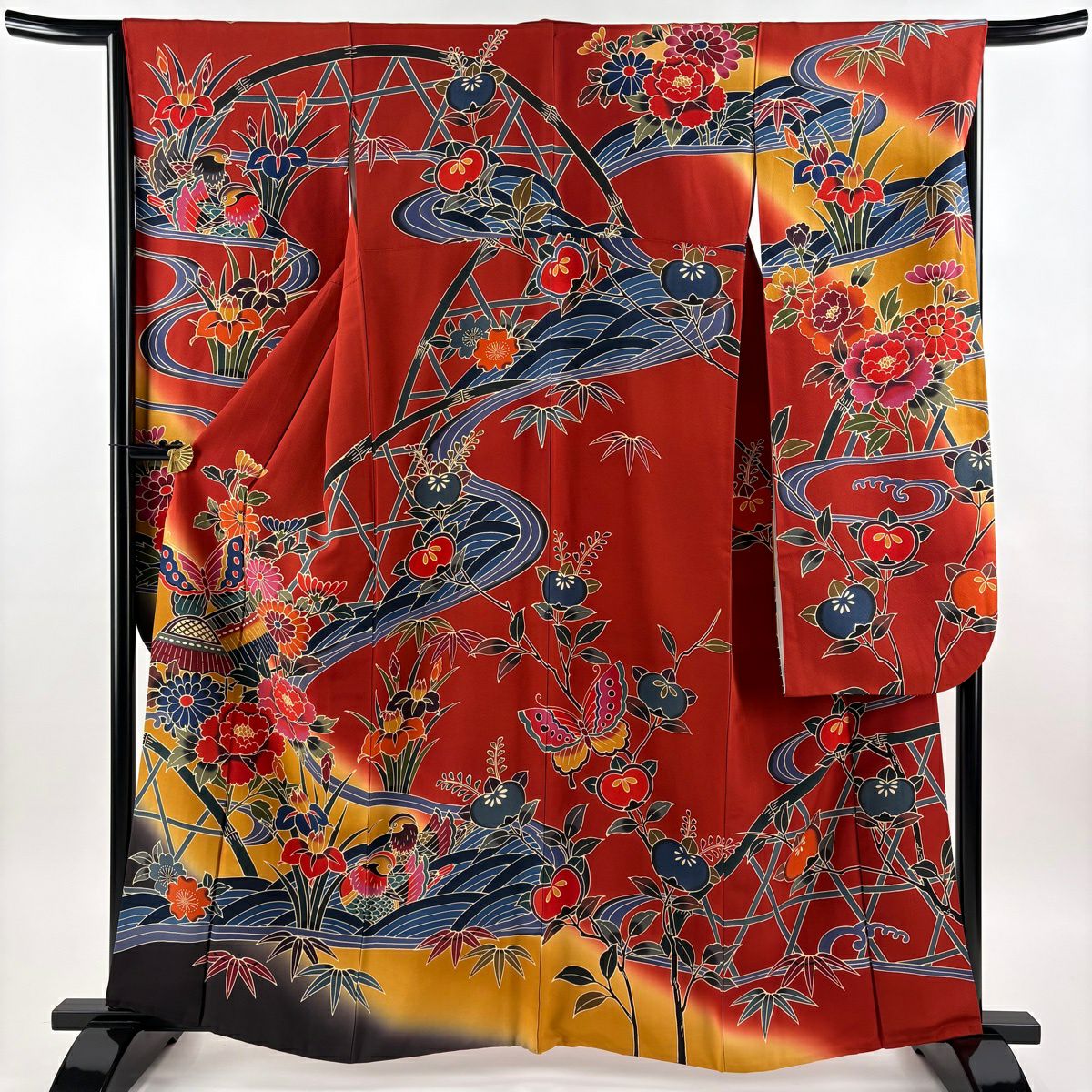 振袖 身丈163cm 裄丈66cm M 袷 鶴 菊 染め分け ぼかし 紺色 正絹 名品