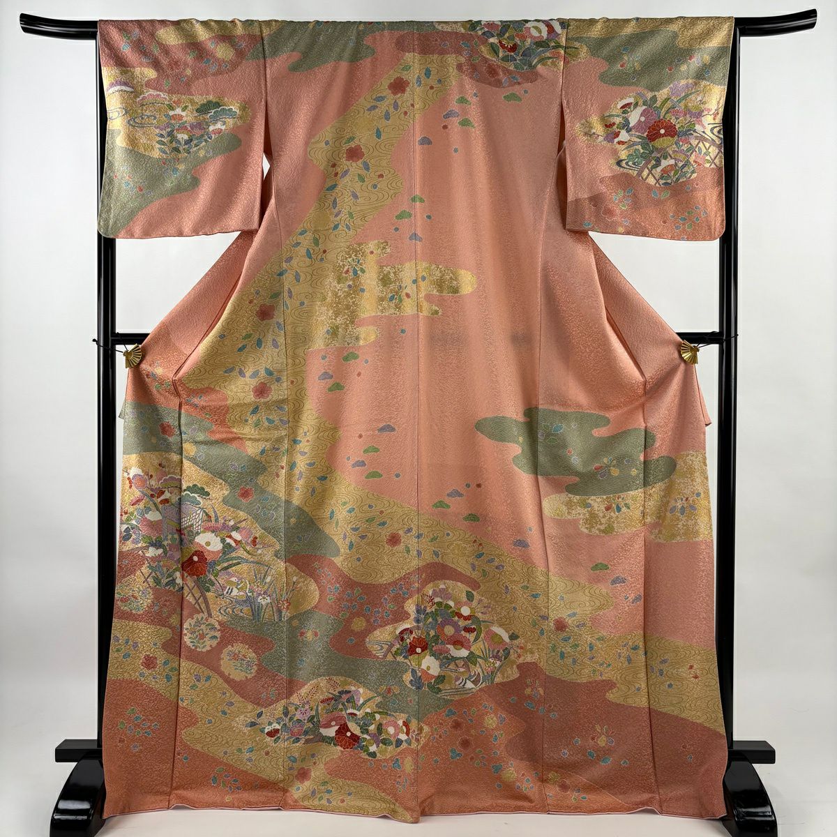 訪問着 身丈170cm 裄丈68cm L 袷 花鳥 金糸 刺繍 焦茶色 正絹 逸品