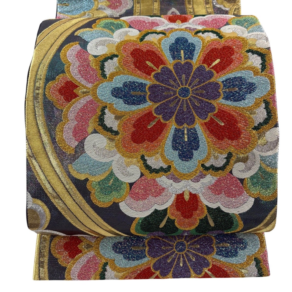 美品】 袋帯 秀品 牡丹 孔雀 唐織 箔 青灰色 六通 正絹｜中古・古着