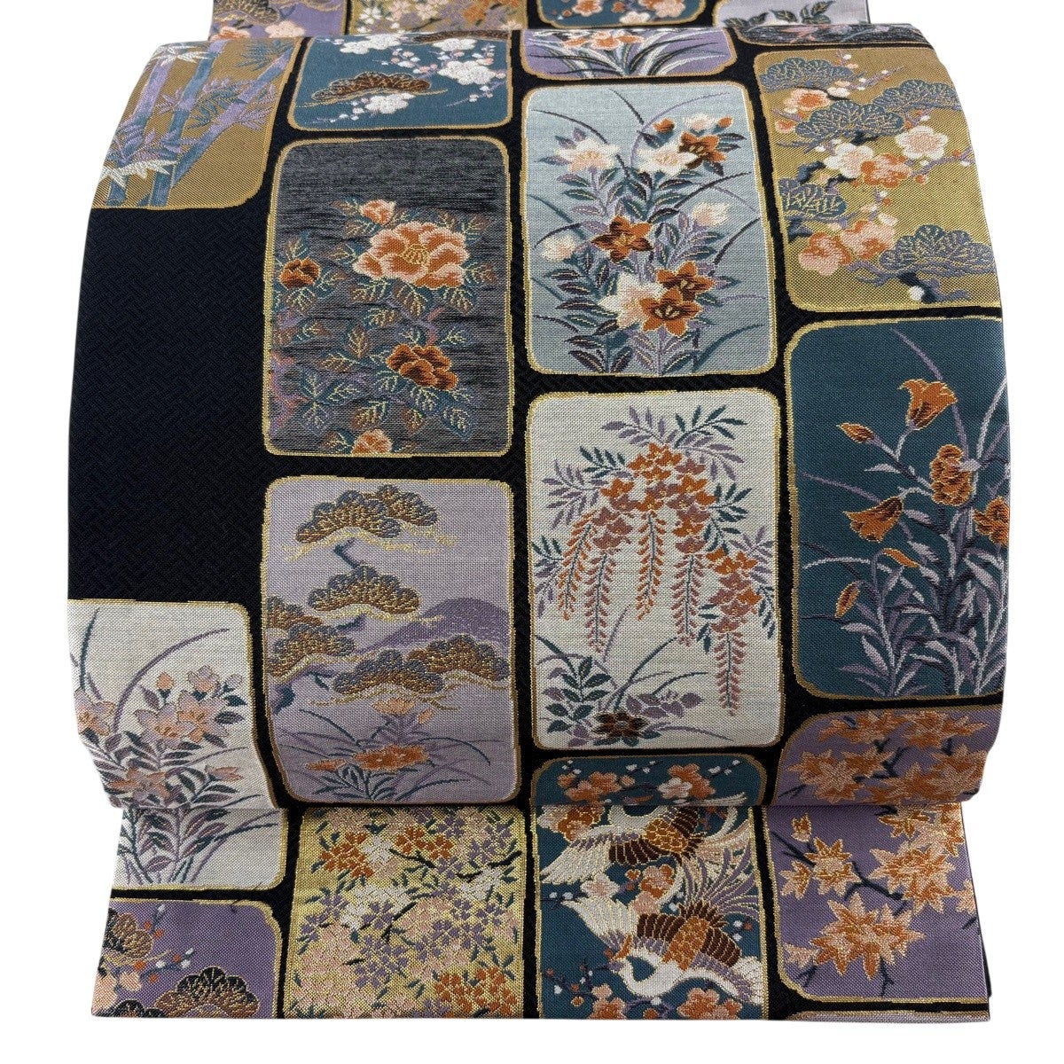 美品】 袋帯 秀品 椿 鶴 箔 ベージュ 六通 正絹｜中古・古着