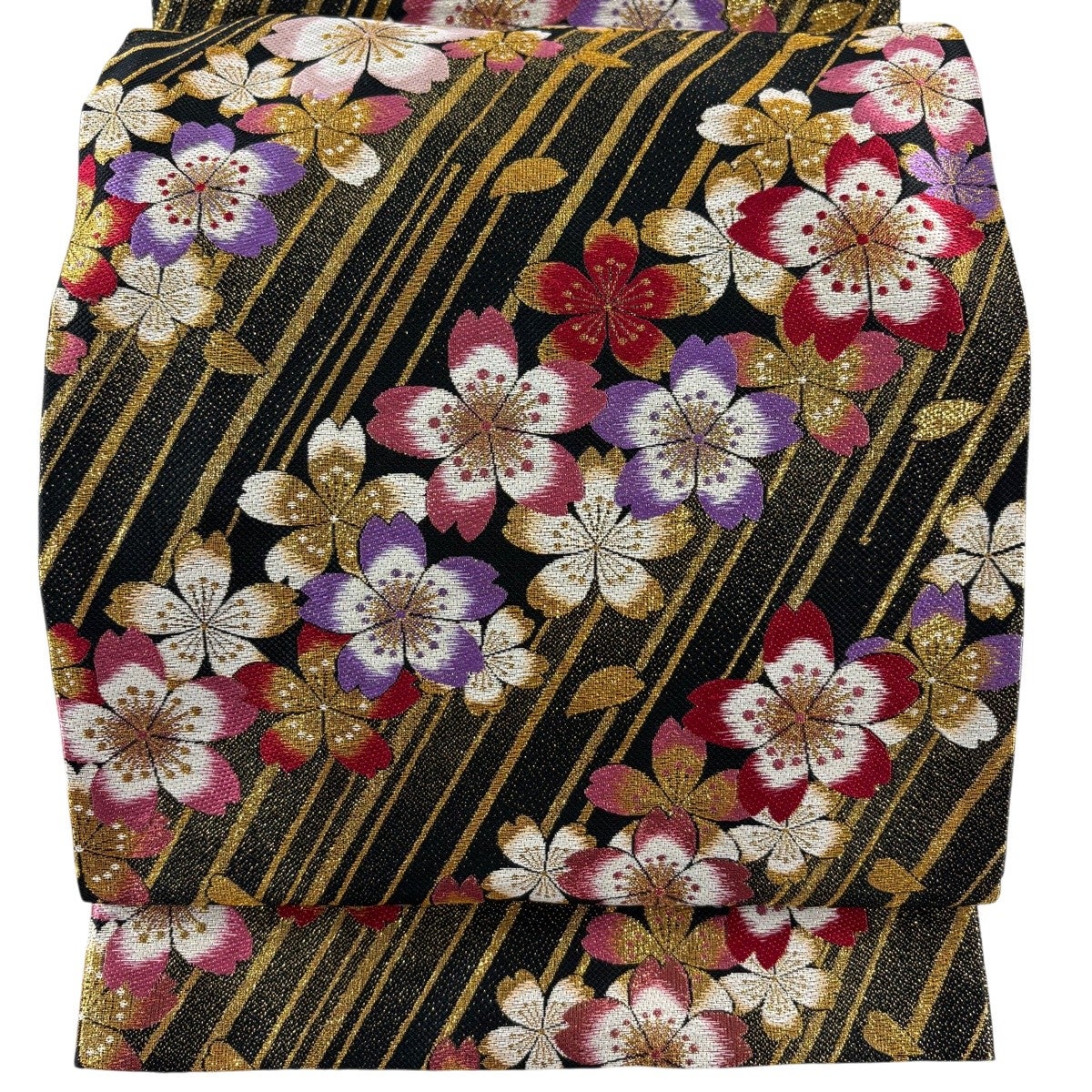最終価格】 77%OFF 【美品】 袋帯 秀品 桜 斜縞 箔 銀糸 金色 六通