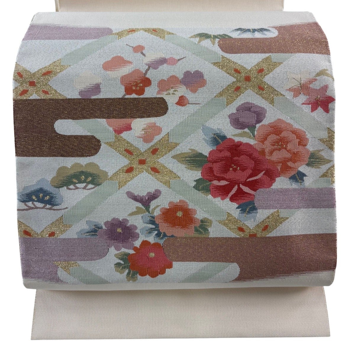 美品】 名古屋帯 秀品 八寸名古屋帯 草花 ヱ霞 金銀糸 青灰色 正絹