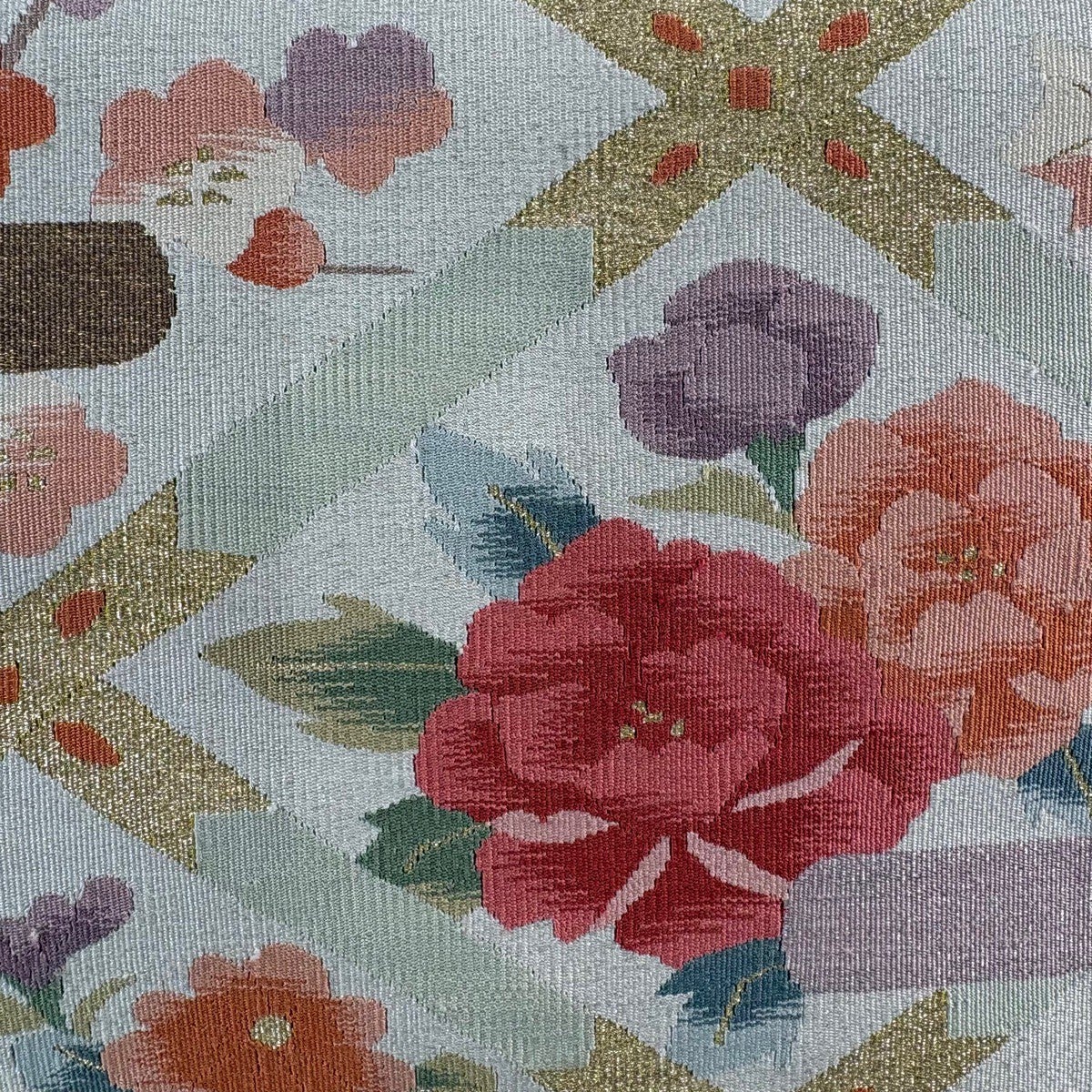 美品】 名古屋帯 秀品 八寸名古屋帯 草花 ヱ霞 金銀糸 青灰色 正絹