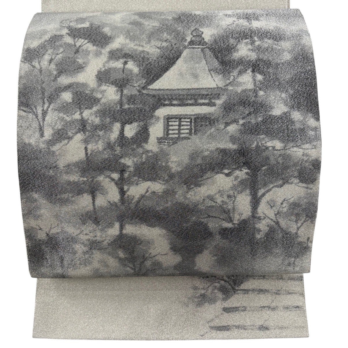 紬 身丈157.5cm 裄丈63cm S 袷 樹木 建物 クリーム 正絹 秀品｜中古