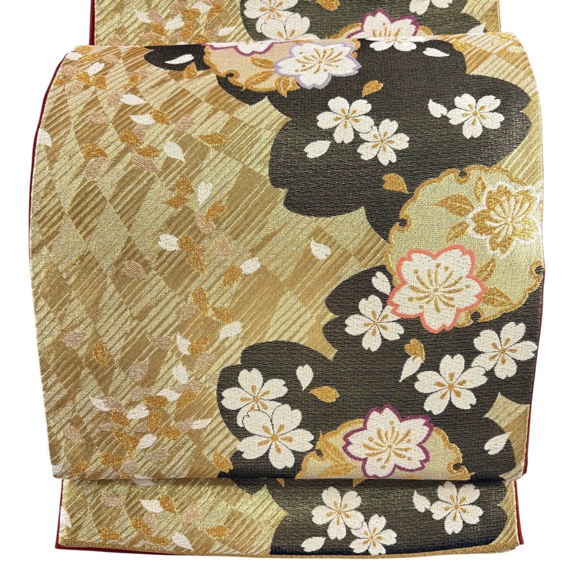 袋帯 秀品 振袖向き 桜 雪輪 金糸 箔 金色 六通 正絹｜中古・古着