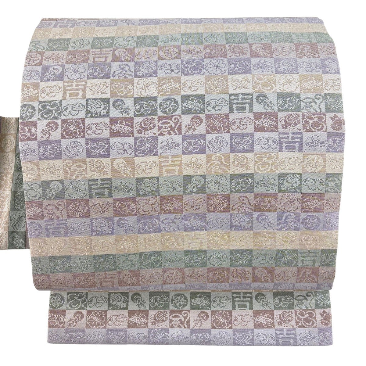 美品】 名古屋帯 秀品 宝尽くし 米俵 灰紫 正絹｜中古・古着