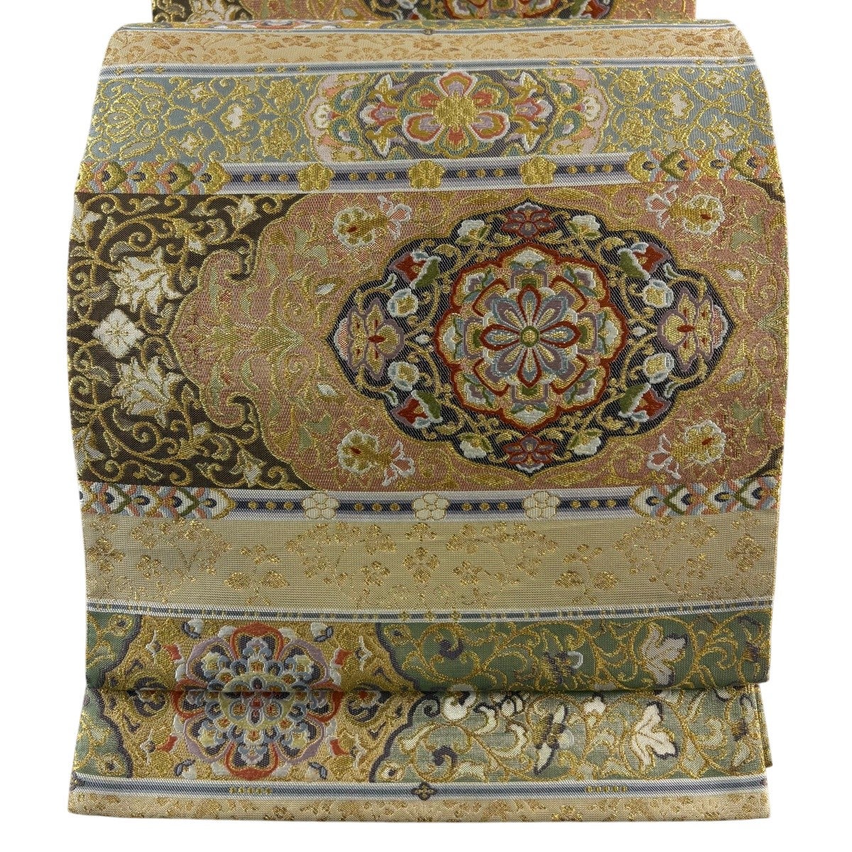 美品】 袋帯 秀品 草花 花唐草 金糸 箔 茶色 六通 正絹｜中古・古着