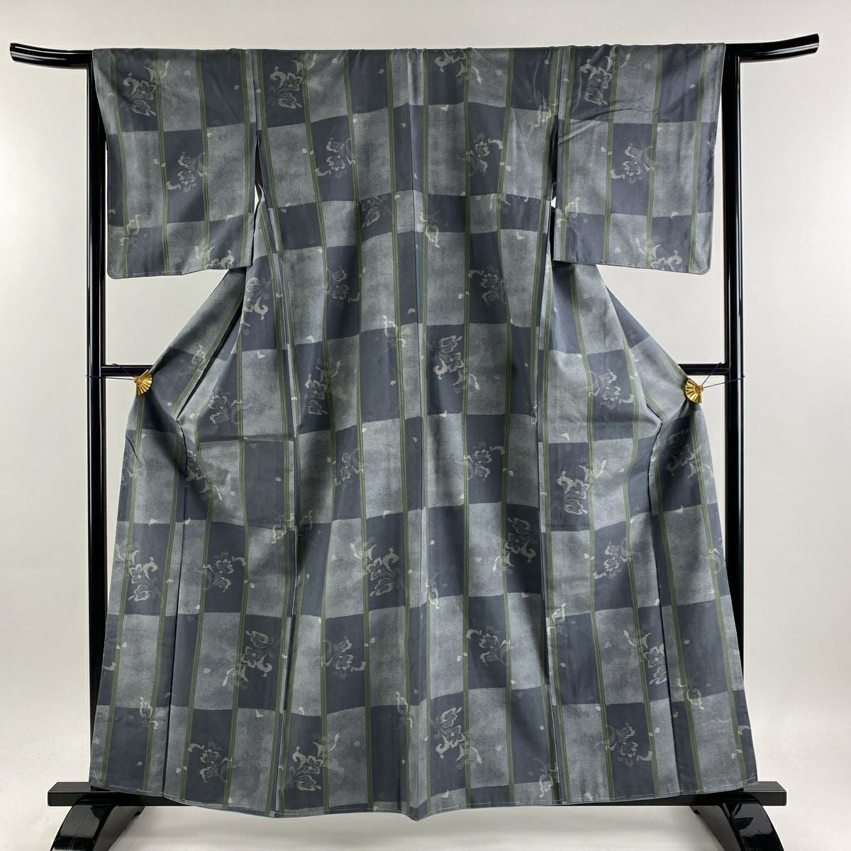 小紋 身丈161cm 裄丈64.5cm M 袷 紬地 市松 縦縞 箔 灰色 正絹 美品