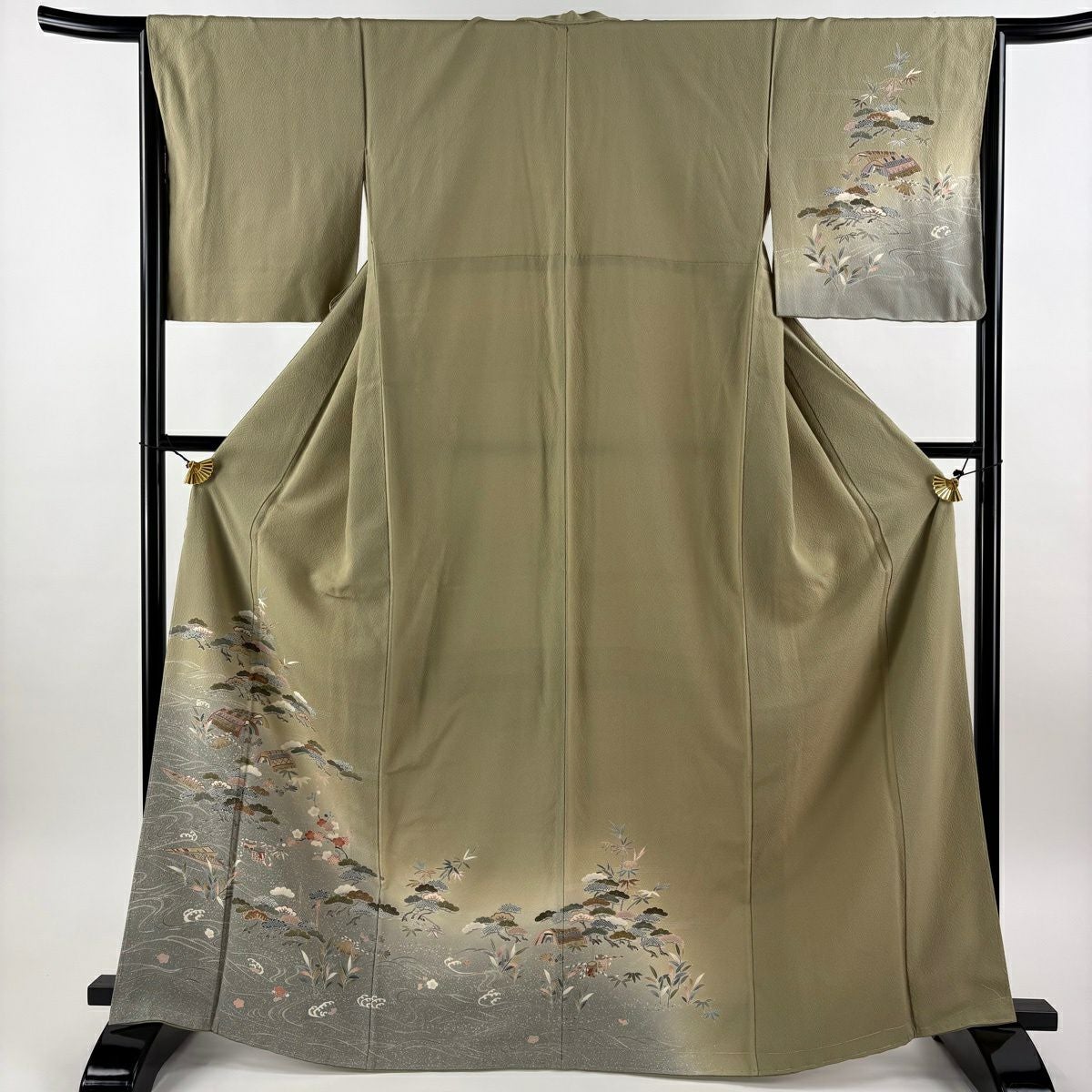 訪問着 身丈161.5cm 裄丈67.5cm L 袷 鈴乃屋 竹 地紋 金彩 絞り 茶色