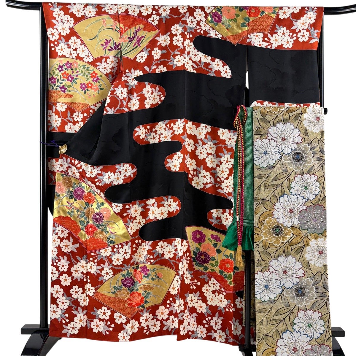 美品】 振袖 身丈162cm 裄丈66cm M 袷 袋帯フルセット 落款あり 扇面 美品】 振袖 身丈162cm 裄丈66cm M 袷 袋帯フルセット 落款あり 扇面