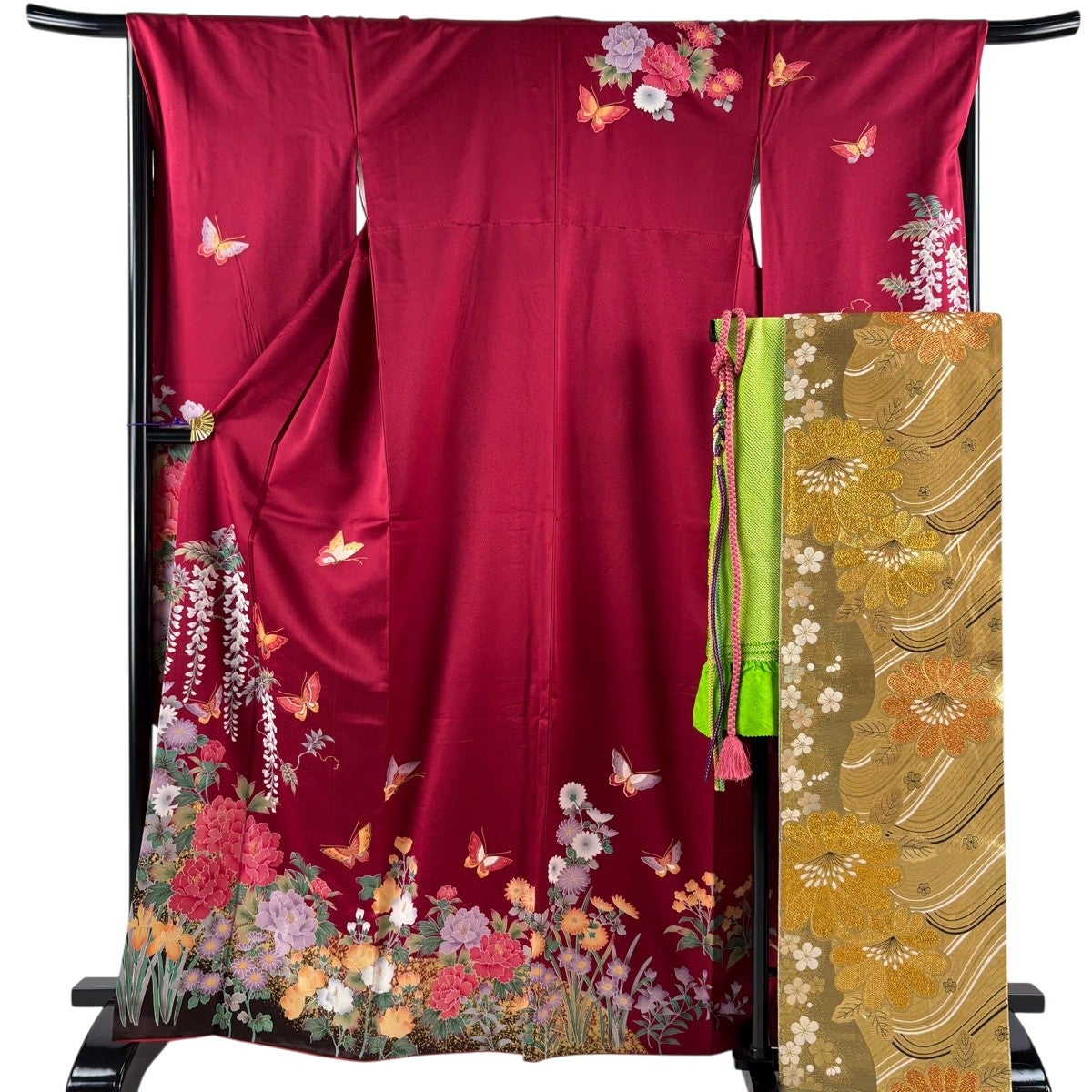 美品】 振袖 身丈165.5cm 裄丈68cm L 袷 袋帯フルセット 蝶 藤 金彩 赤
