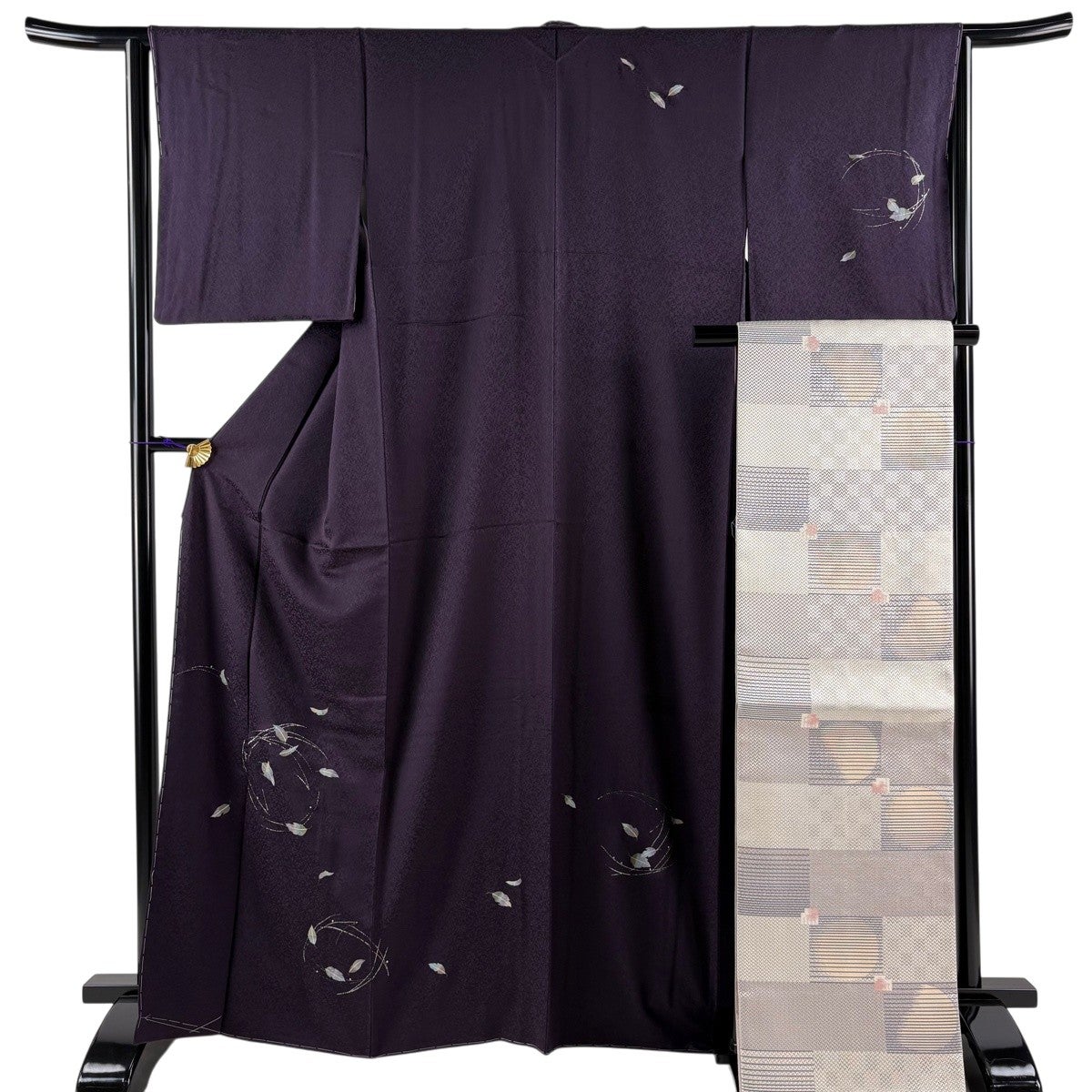 美品】 付下げ 身丈167cm 裄丈64cm M 袷 袋帯セット 葉柄 松葉 銀彩