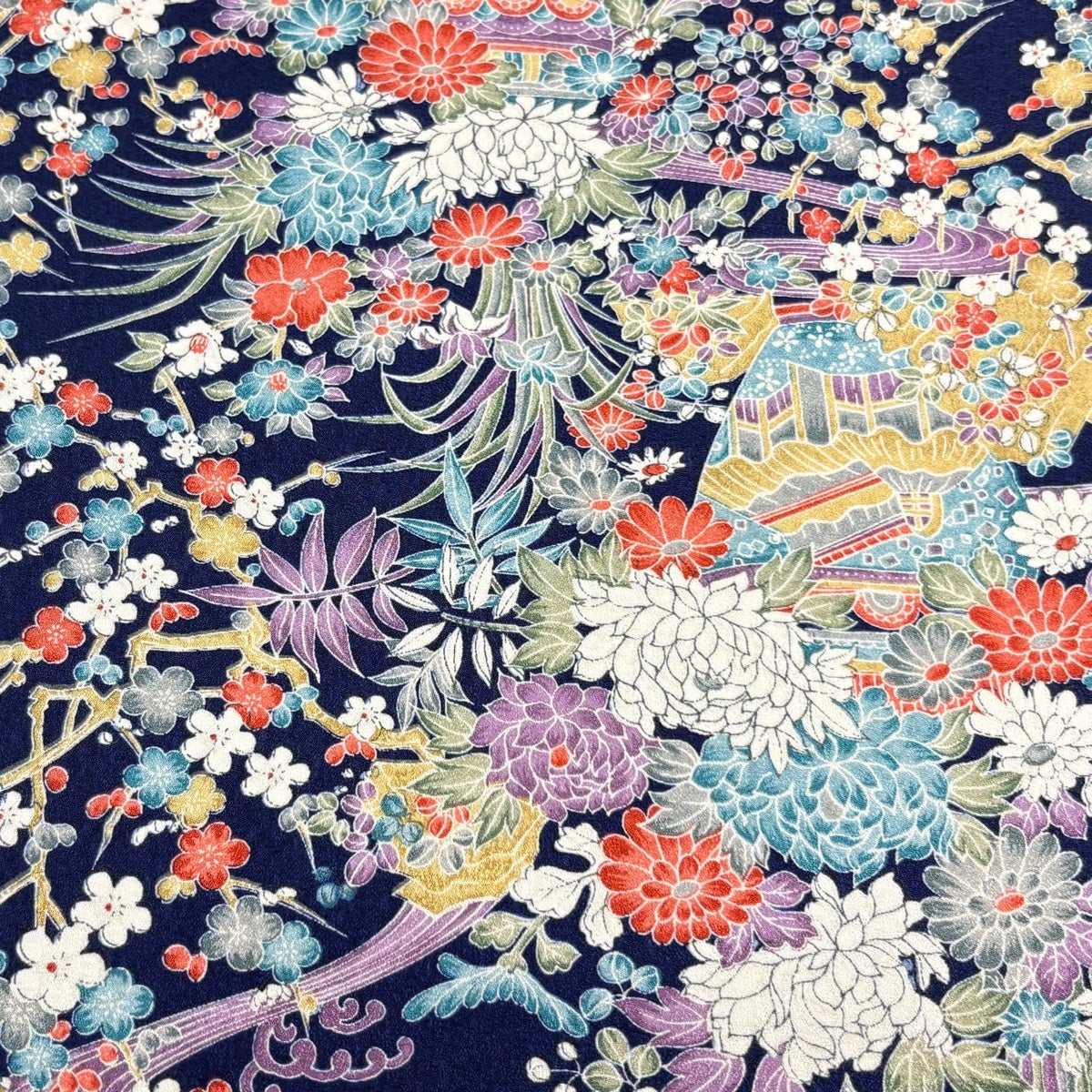 反物 秀品 菊 枝花 紺色 正絹｜中古・古着・リサイクル着物通販